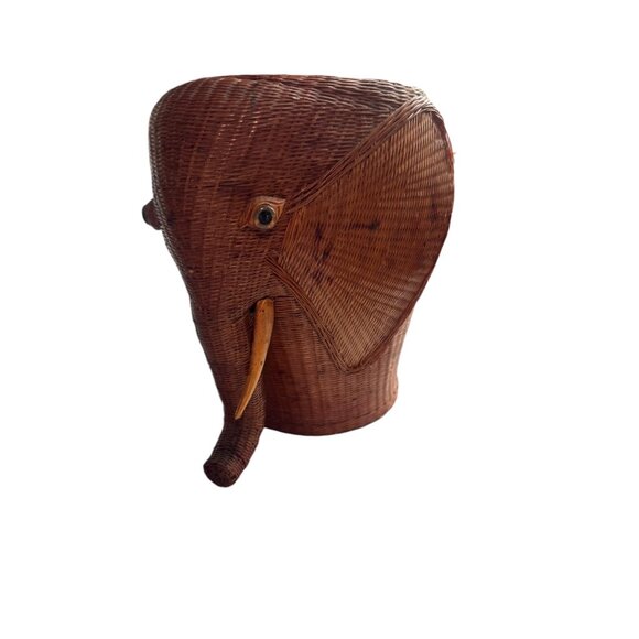 Vintage Wicker Elephant Head Planter pottery Vase 10" Tall Handwoven Brown MISS - Picture 7 of 9